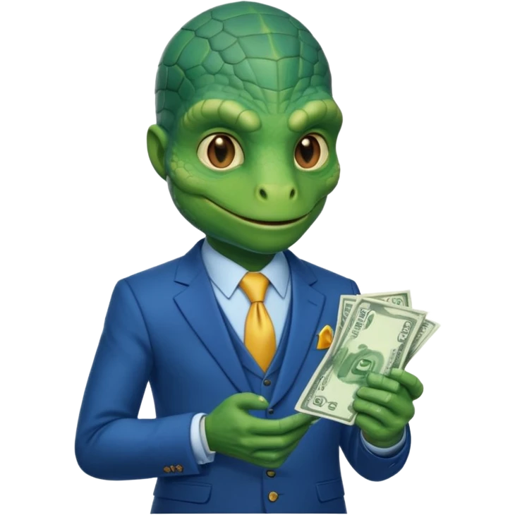 reptilian in a blue suit holding cash emoji