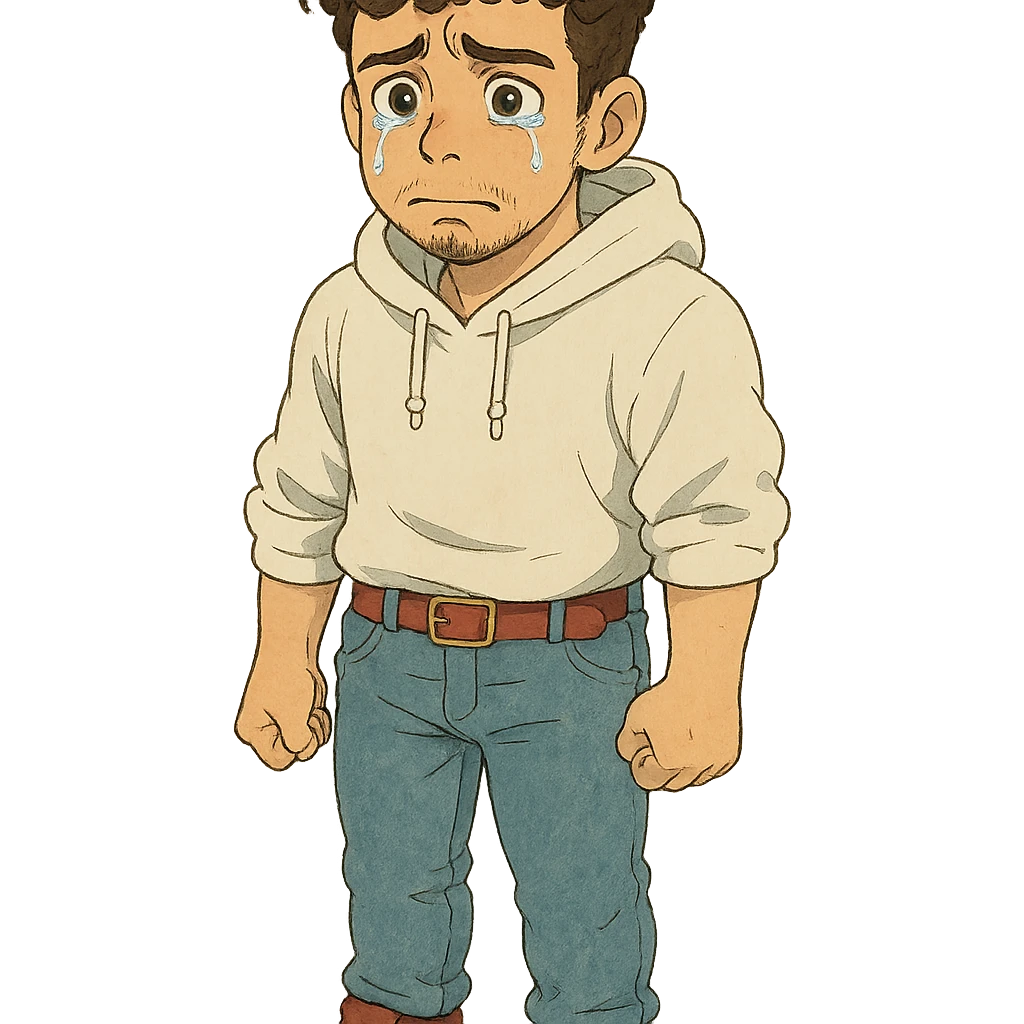 1 male, mid fade haircut dark chestnut brown curly hair, toasted lightskin, white hoodie sleeves up, fashion jeans, red fashion-sneakers shoes, red belt, short trimmed beard and goatee,  style of deku from "my hero academia", FACIAL EXPRESSION IS VERY SAD, TEARS WELLING UP emoji
