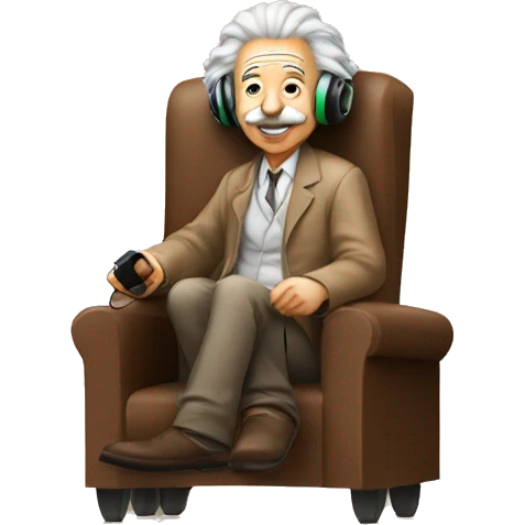 albert einstein happy listening music with just wireless headphones while sitting on the brown chair emoji