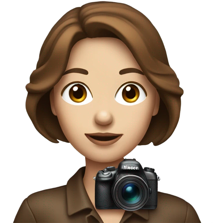 Portrait of stylish woman with blue eyes and brown bob hair holding a nikon camera emoji