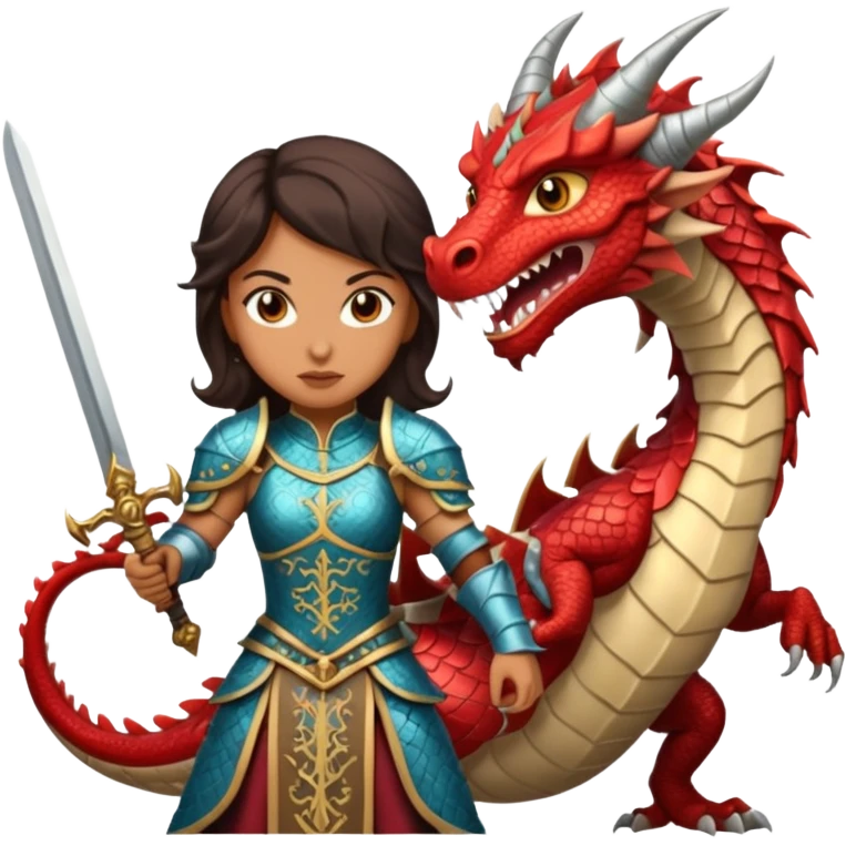 a fierce Latina in armor sword fighting a dragon emoji