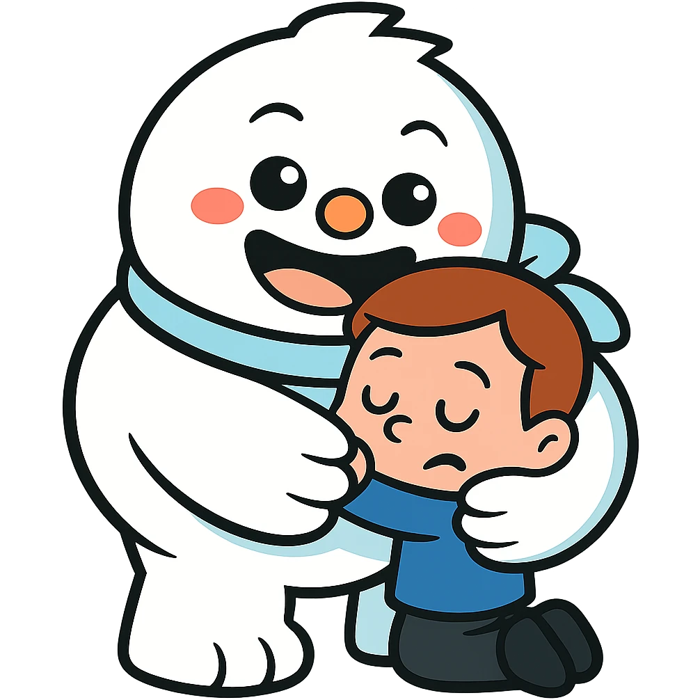 Make the hug even tighter, with the Abominable Snowman squeezing the much smaller kid, keep the background transparent. The style should resemble the original image's look and feel. emoji