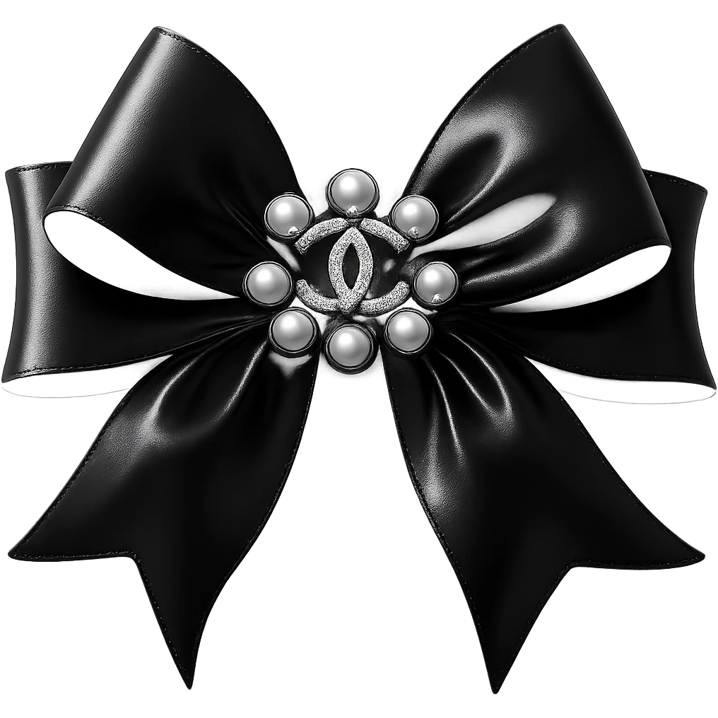 Add a solid black background behind the elegant bow with pearls and gold Chanel logo, glossy, black and white, realistic style with soft reflections and highlights on the bow and pearls. emoji