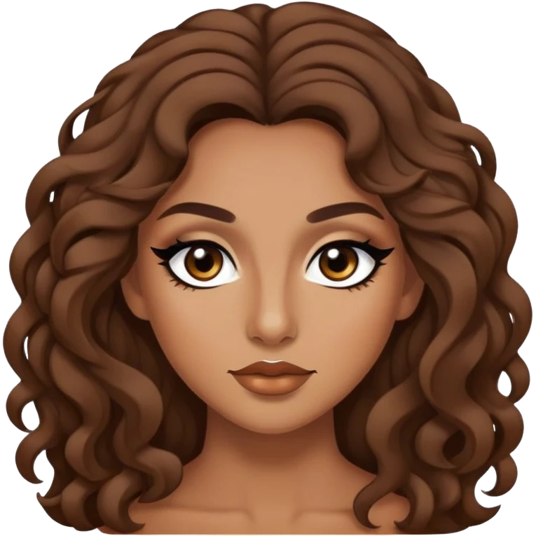 tan skin, loose brown curls, baddie,pretty, makeup, black eyeliner, long hair emoji