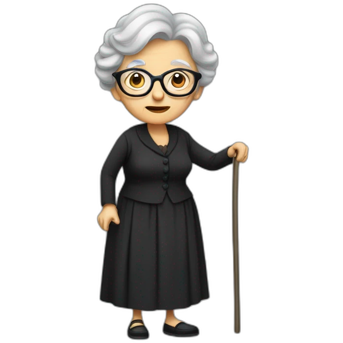 Old lady with rounded clear glasses all dressed in black dress Walking hunched with a cane and a and a handkerchief tied over her gray-haired hair emoji