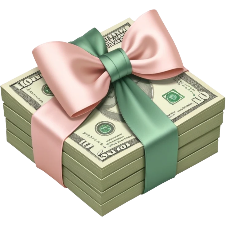Neat money stack tied with a blush satin bow, muted green $100 bills, soft luxury rich  emoji
