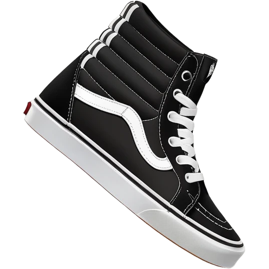 Minimalist iOS-style emoji of a pair of black Vans Sk8-Hi sneakers, one behind the other, simplified flat design, clean lines, minimal details but with white side stripe emoji