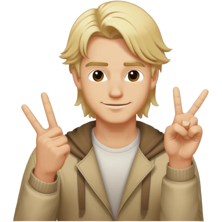 Blonde man with swooshing hair and no facial hair, crouching giving a peace sign while smirking emoji