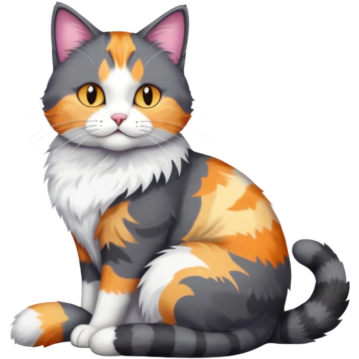 full body large dark grey and white cat cuddling a colourful light patched calico + white tabby cat  emoji