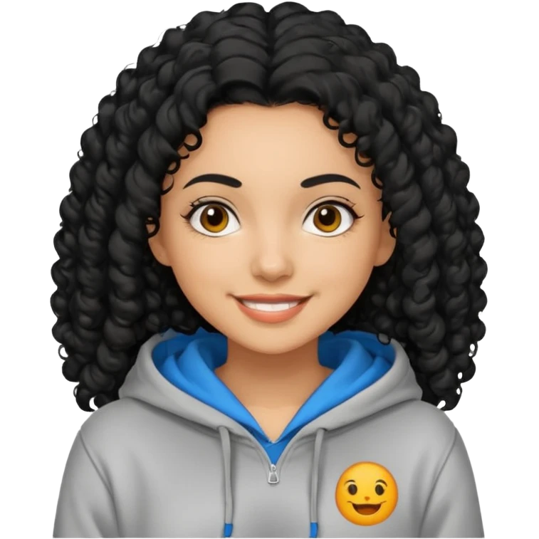 A women with a black curly hair who wear a hoodie and that hoodie have a some smorf emoji
