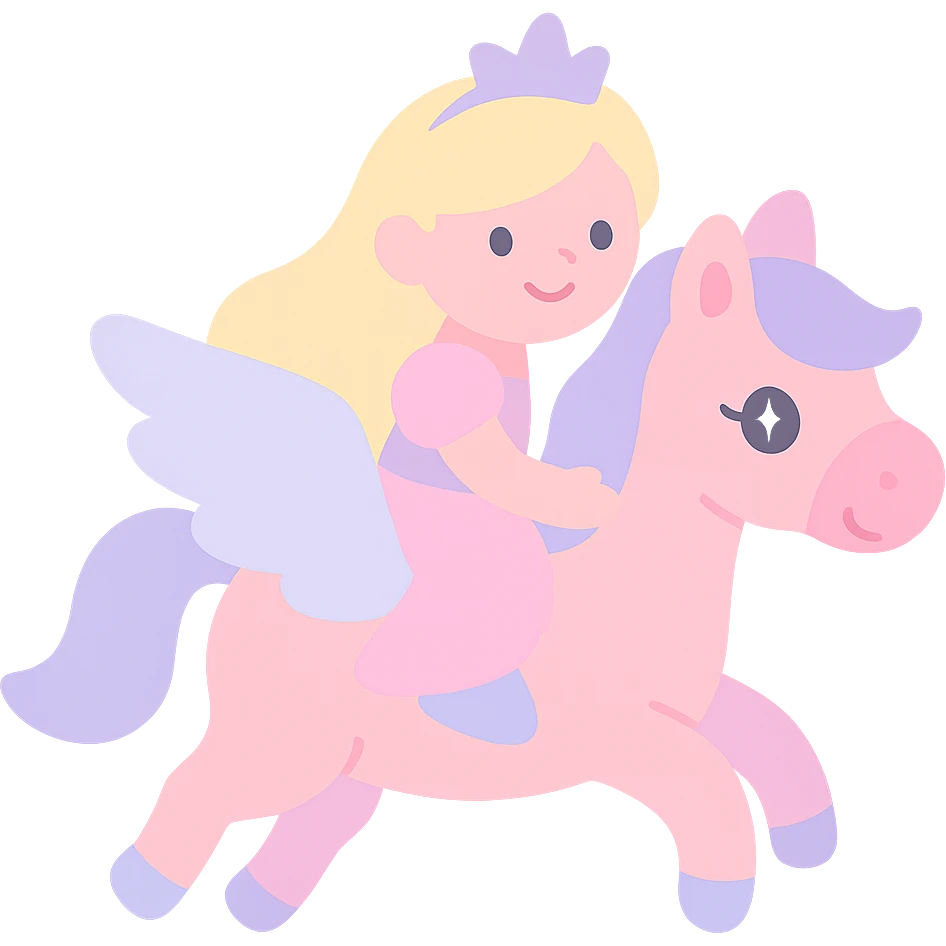Barbie flying horse princess, fairy tale style, princess riding on flying horse, pink and purple colors, dreamy atmosphere, suitable for children, delicate and cute emoji