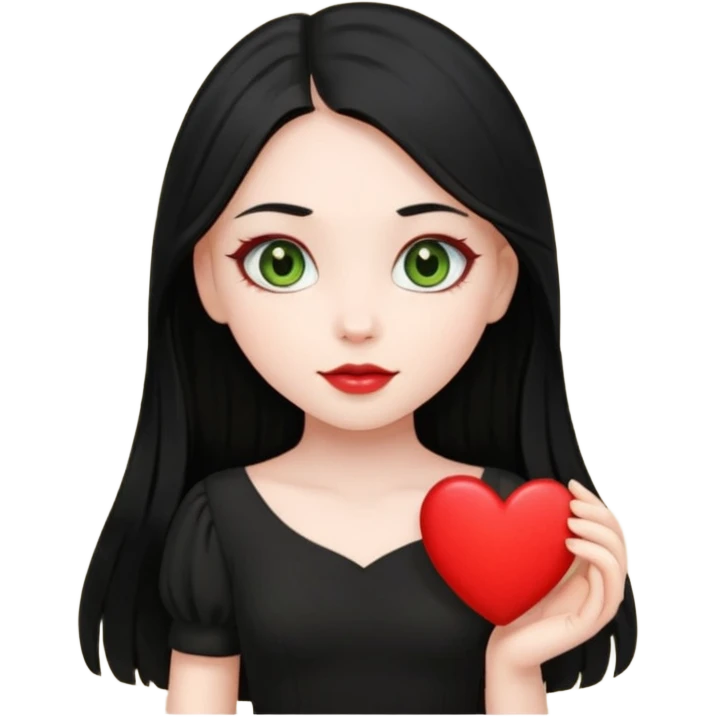 Pale girl with long black hair and olive green eyes wearing black dress and holding a heart emoji