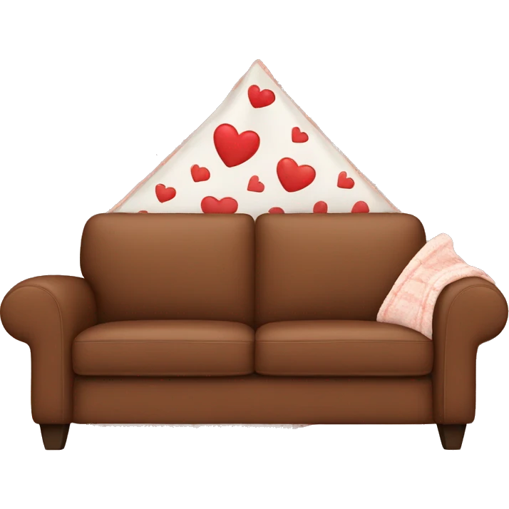 Brown couch with a blanket with hearts on it emoji