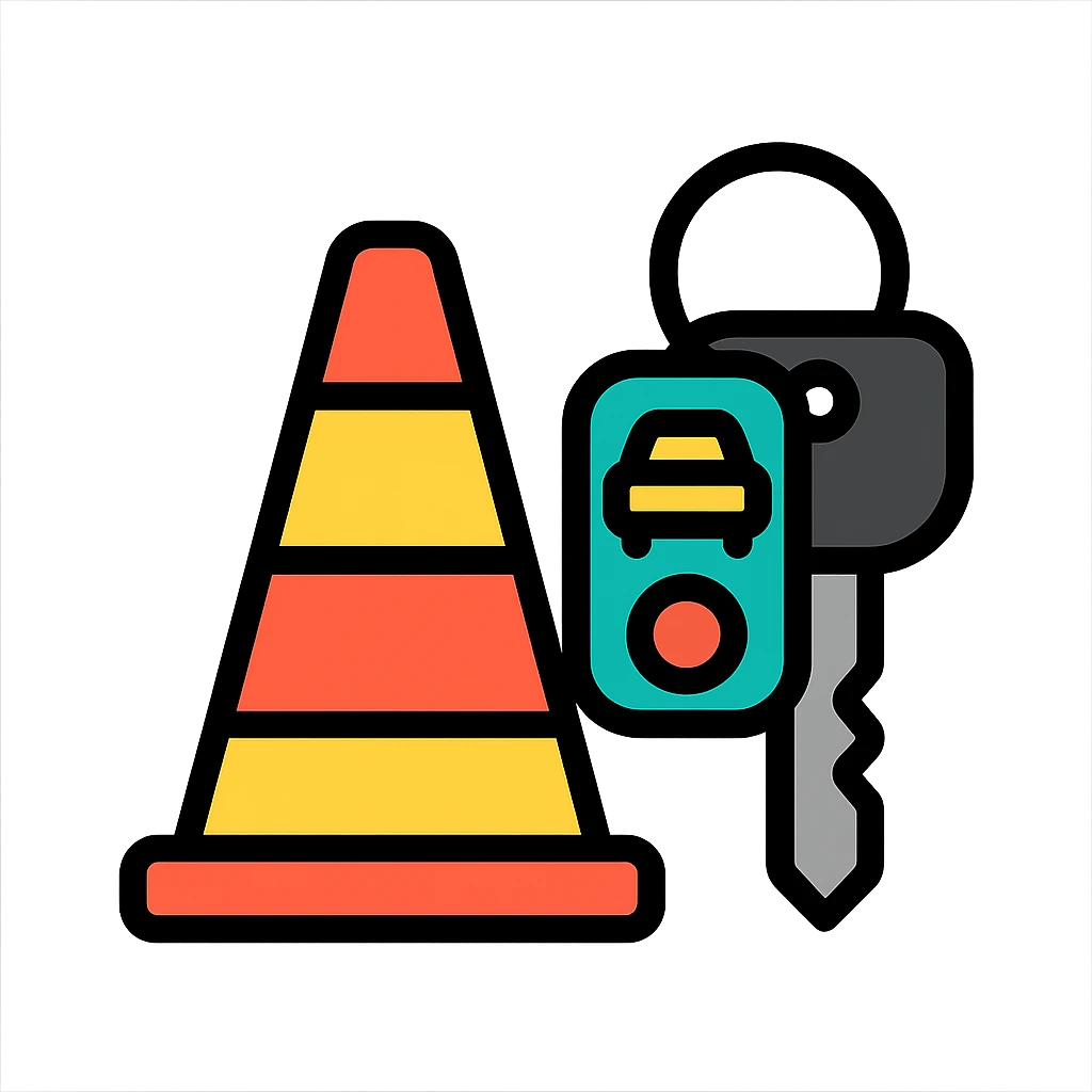 Fahrschule, traffic cone and car keys, friendly, colorful emoji