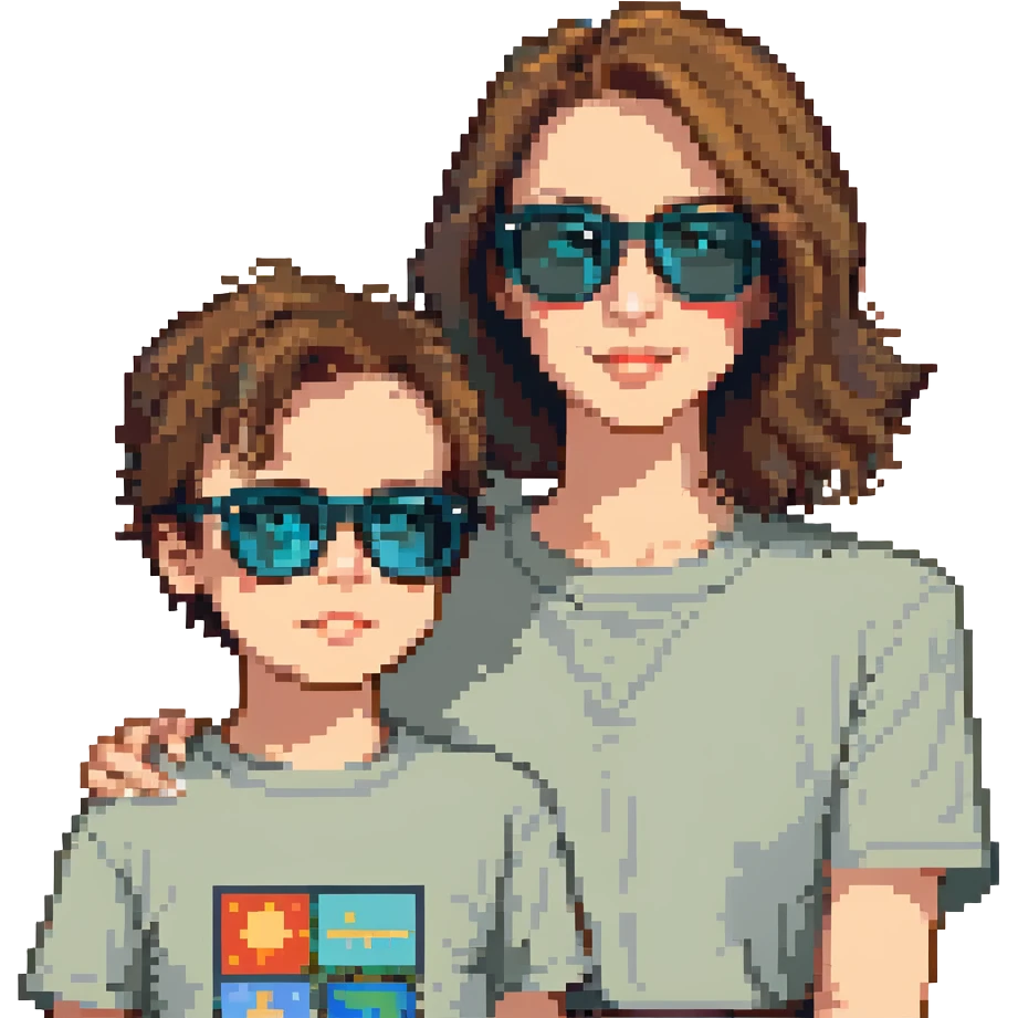 A happy woman with brown hair and a child boy, both wearing Ray-Ban glasses emoji