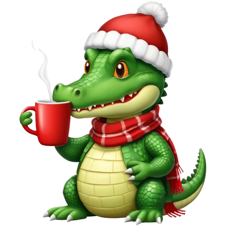 Fun crocodile wearing a winter hat and scarf, holding a warm mug of Bombardino drink emoji