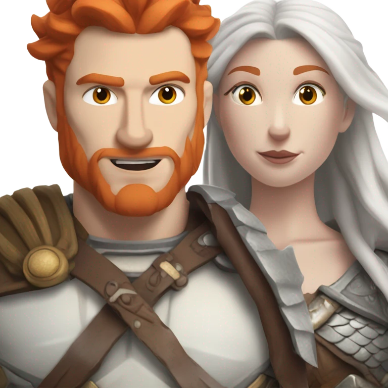  White Viking red head pale skin beautiful dragon  queen with a Viking solder with a gray man bun built white solder on a dragon  emoji