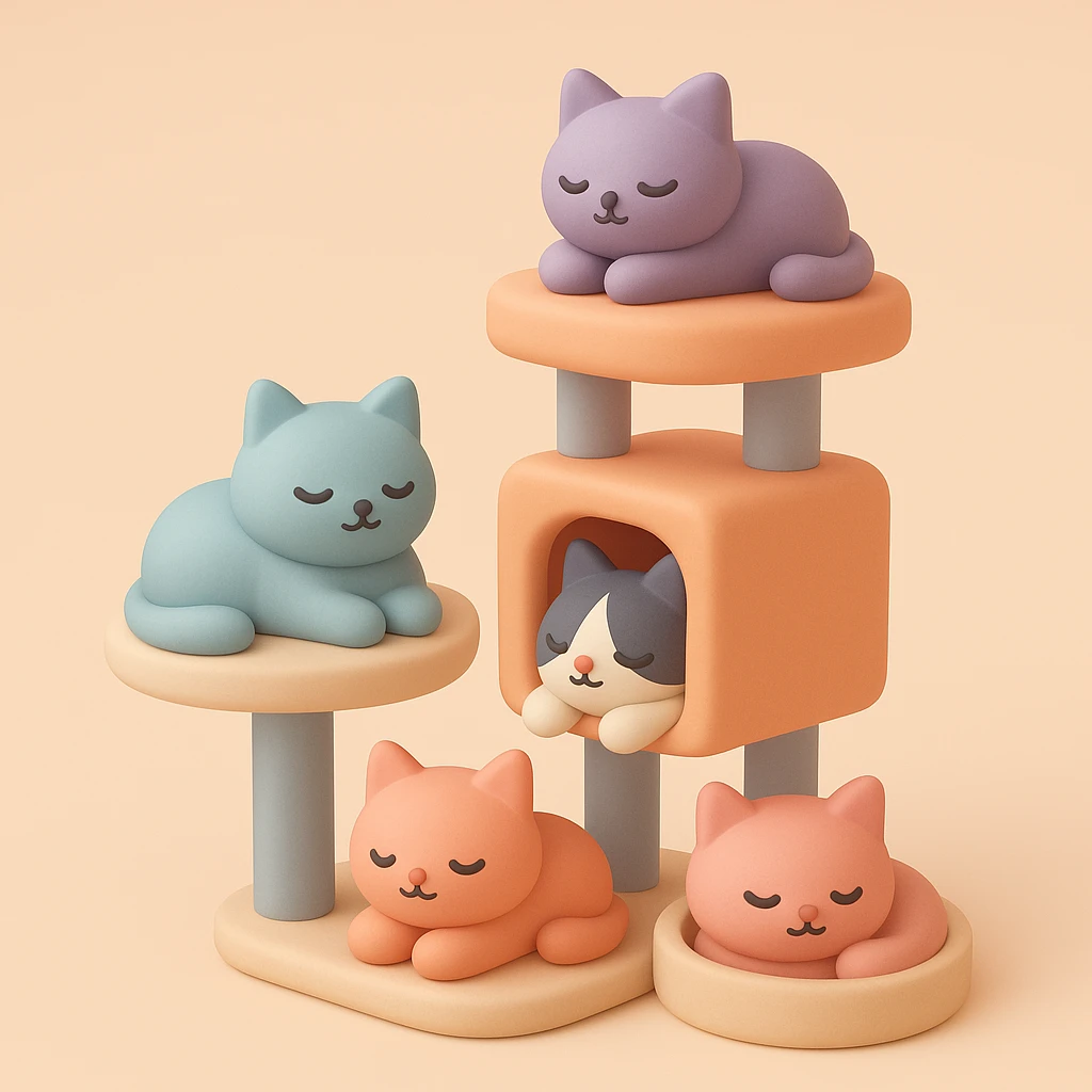 cats relaxing in a vertical playhouse emoji