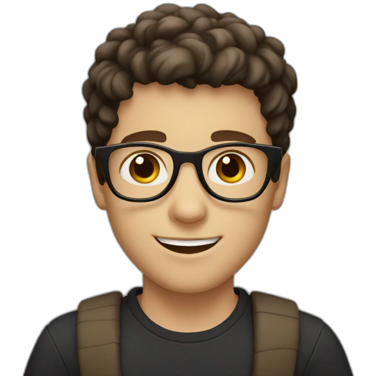 white boy with dark brown hair with circle brown glasses and a smile emoji