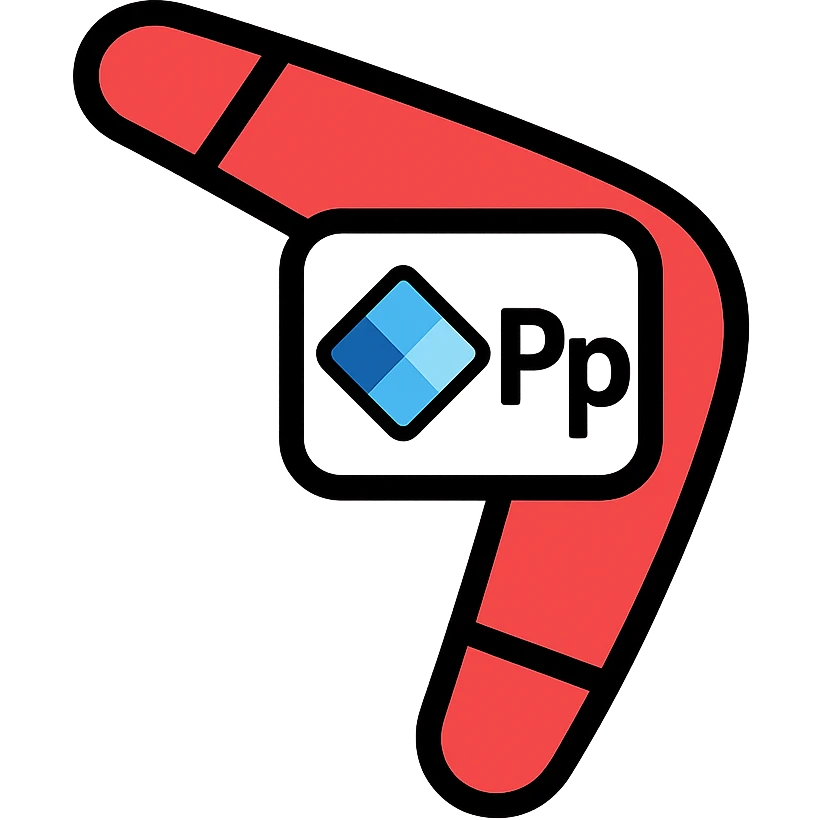 boomerang icon with Power Pages logo in the center, playful, red and white, outlined color style emoji