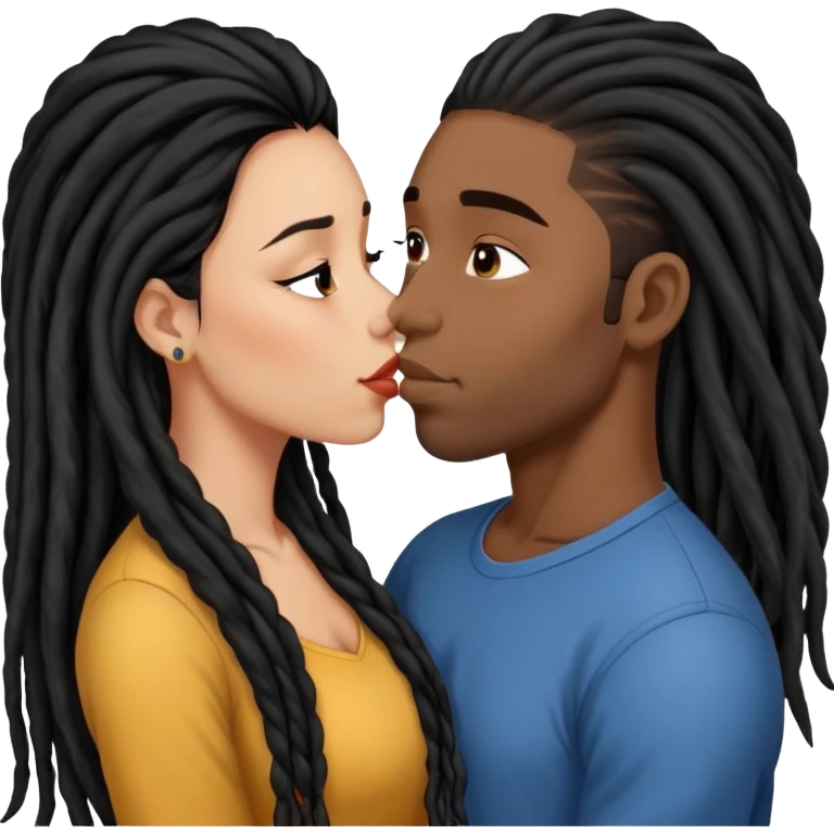 Latina Woman with long hair kissing a young black guy with dreads no beard emoji