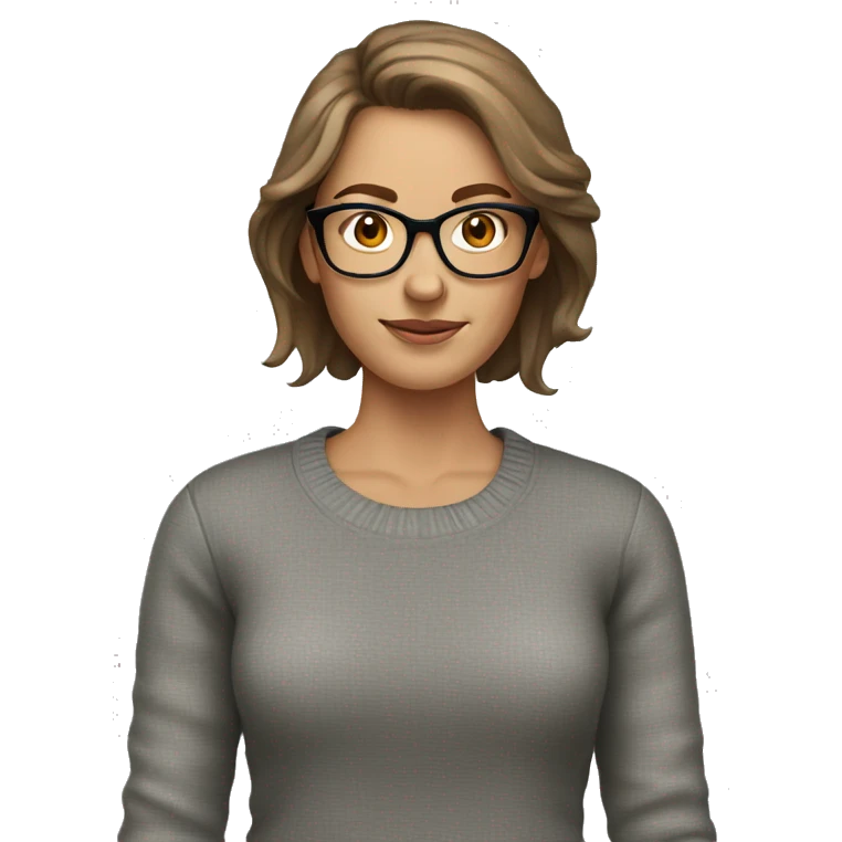 White woman, brown hair, gray sweater, glasses emoji