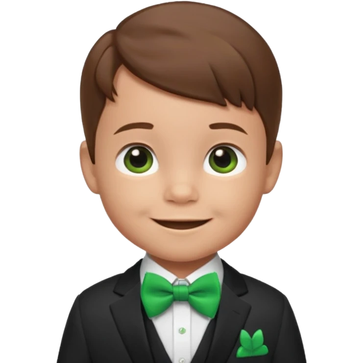 baby cute boy, brown hair in suit, with green bow, smile emoji