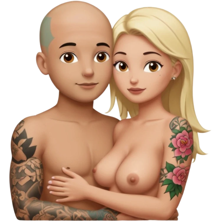 throuple tattooed sleeves bbald male with topless naked big boobed brunette and topless naked big boobed blonde girlfriends  lovingl  and sexy polygamy  emoji