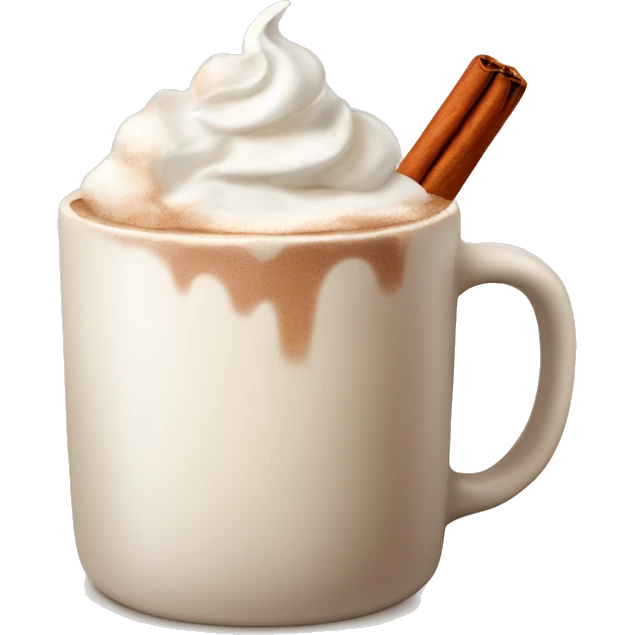 beige mug of hot chocolate with whipped cream and cinnamon emoji