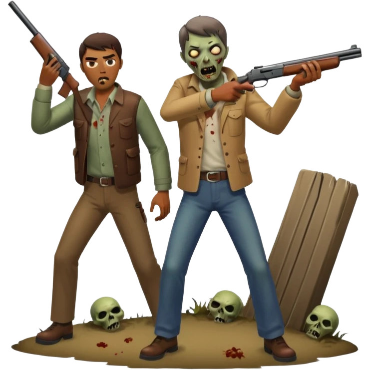 Man aiming shotgun at approaching zombie, dynamic pose, horror scene, no background









 emoji