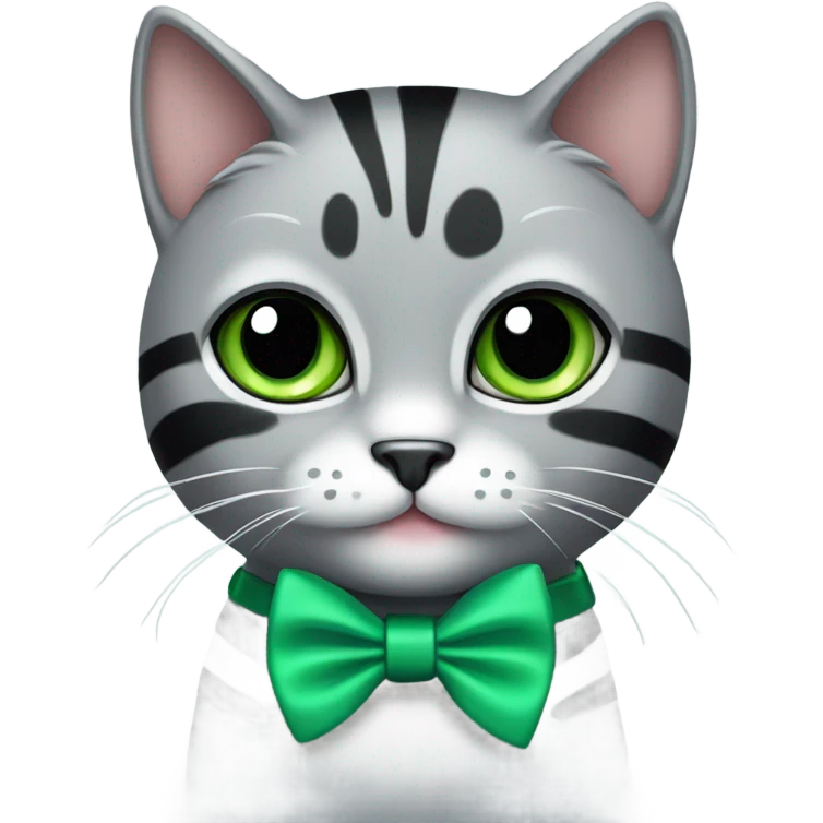 Cute grey cat with black stripes and big shinny green eyes wearing a bow tie emoji