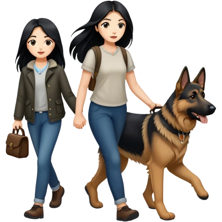 A girl with long black hair walking a German Shepherd emoji