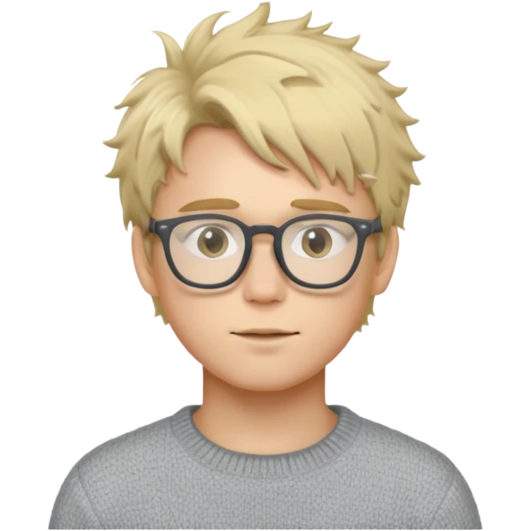 Twink with blonde messy hair and glasses, white skin and a grey sweater emoji