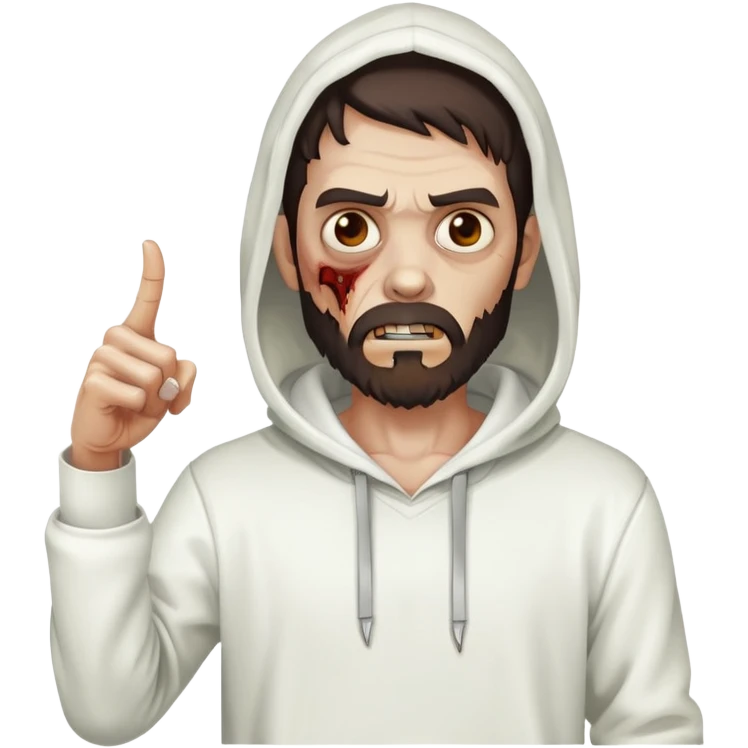 zombie pointing finger wearing plain white hoodie with no designs, dark brown hair and short full beard emoji