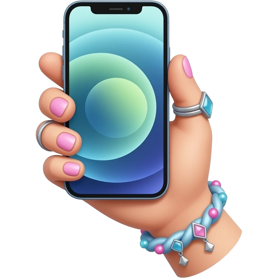 cute girls hand with pastel and pink nails, rings, and accessories. holding iphone with screen upwards emoji
