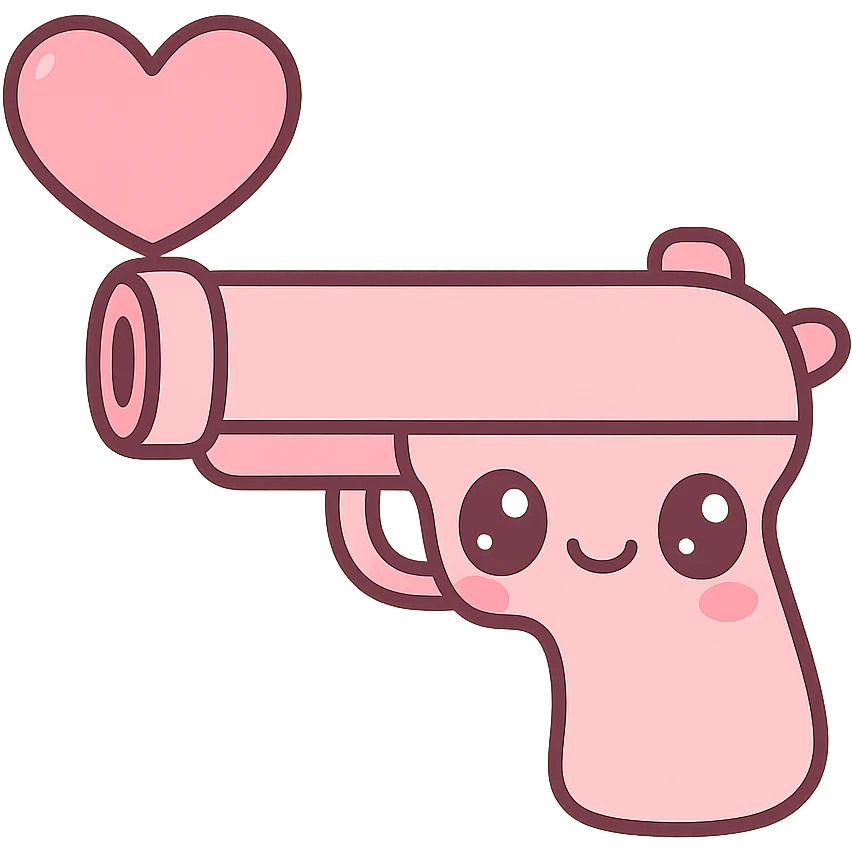 pink heart pistol, kawaii style, cute face on the handle, big eyes emoji