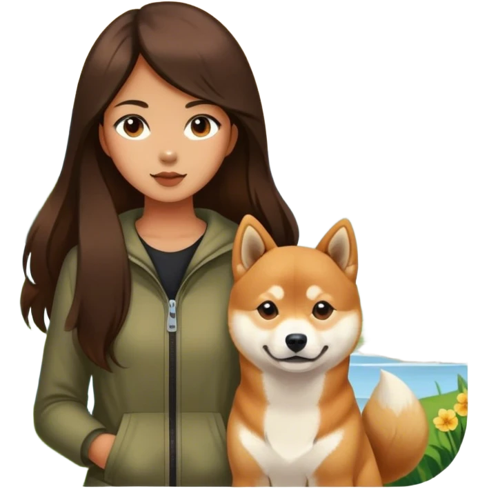 Really girl long dark brown hair with shiba inu outdoors emoji