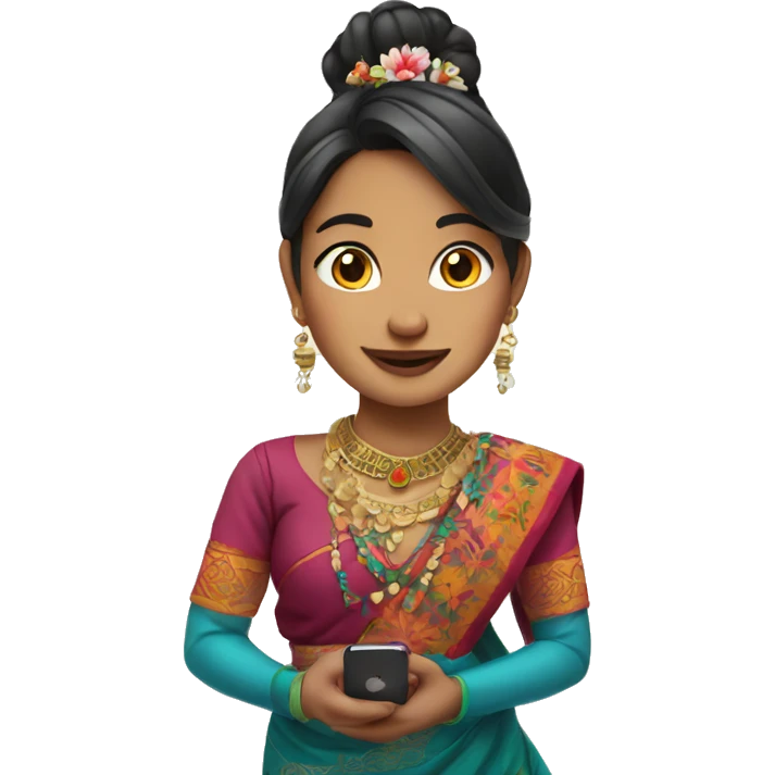 beautiful girl with iphone mobile in hand wearing nepali cultural dress emoji