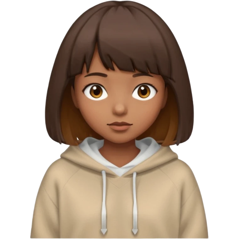 A girl with a brown bob and wispy bangs almond eyes with hooded eyelids a oversized sweater emoji