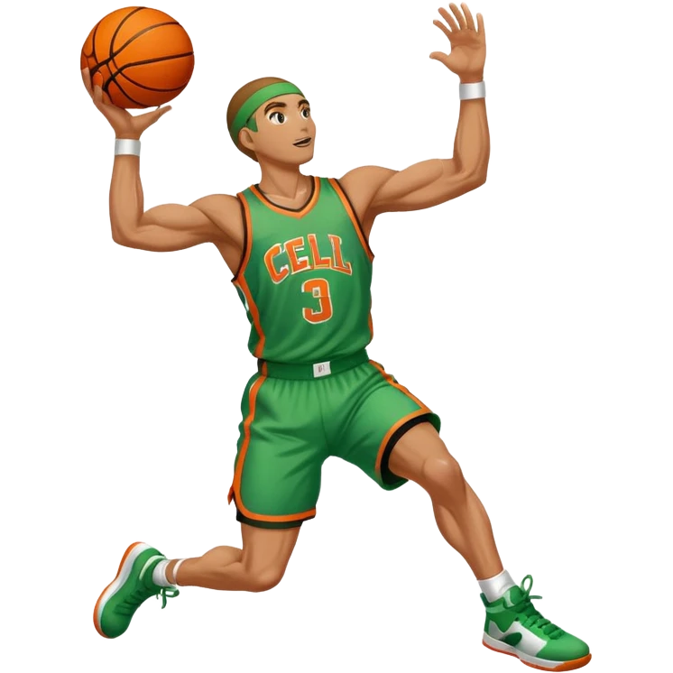 Cell from the anime-dragonball dunking a basketball with a jersey name cell emoji