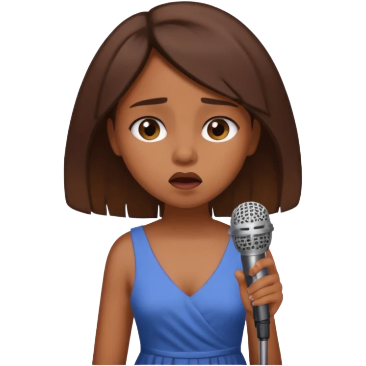 Brown skin girl singing into a microphone looking sad  emoji