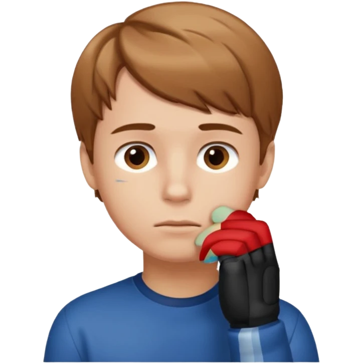 boy thinking with one hand on his chin emoji