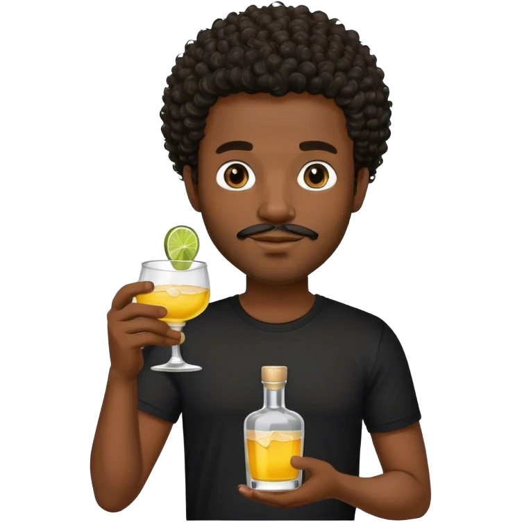 dark black guy, short curly hair, facial hair, holding tequila, black shirt  emoji