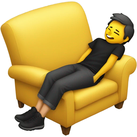 A person lying on a sofa, one leg crossed over the other, with hands behind the head, relaxing in a cozy setting, yellow emoji color skin, black t-shirt emoji