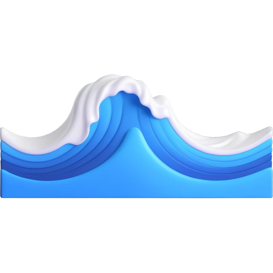Make a wave emoji that looks exactly like the reference image, in iOS emoji style. 3D, shiny, smooth gradients, soft shadows, realistic wave shape, blue and white colors. Add a soft shadow under the wave. emoji
