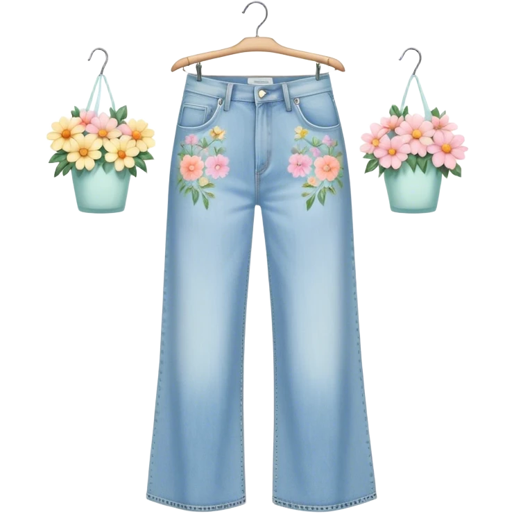 light wash denim wide leg jeans with pastel flowers painted on them on hanger emoji