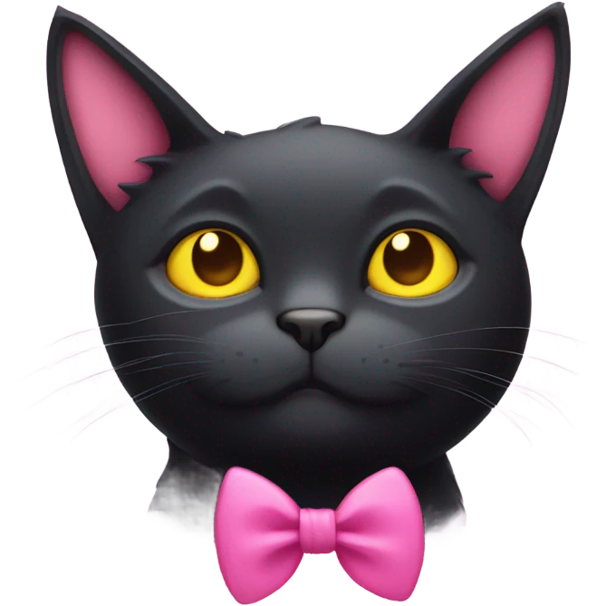 lazy black cat with yellow eyes, pink ears, and a pink bow around the neck emoji