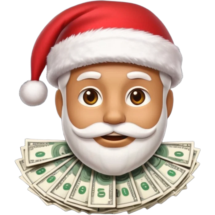 A confident rich emoji face wearing a Santa hat, money stacks, casino vibe, New Year theme, premium 3D emoji style, sharp details, no text, isolated on transparent background emoji