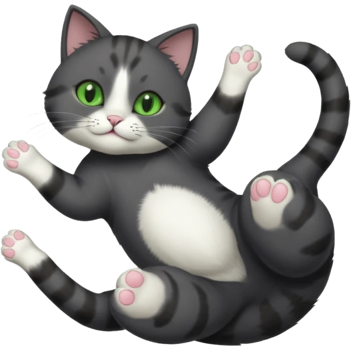 solid dark grey cat with green eyes, white toes/paws and white patch on her chest playfully rolling upside down emoji