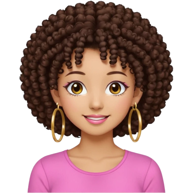 Naturally tan skin girl short darkBrown curly afropink shirt very long lashes hoop gold earrings Brown eyes gyaru smiling closed mouth cute emoji